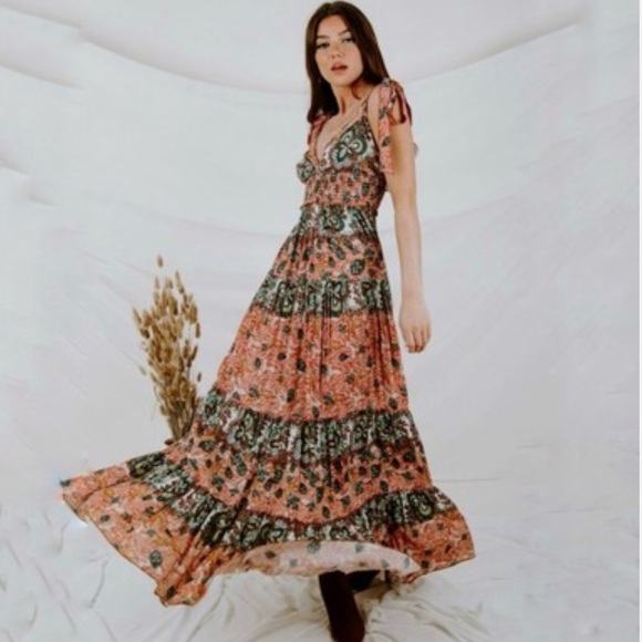 Free People Let’s Smock About It Boho Tiered Mixed Print Maxi Dress Size Small - Picture 4 of 14